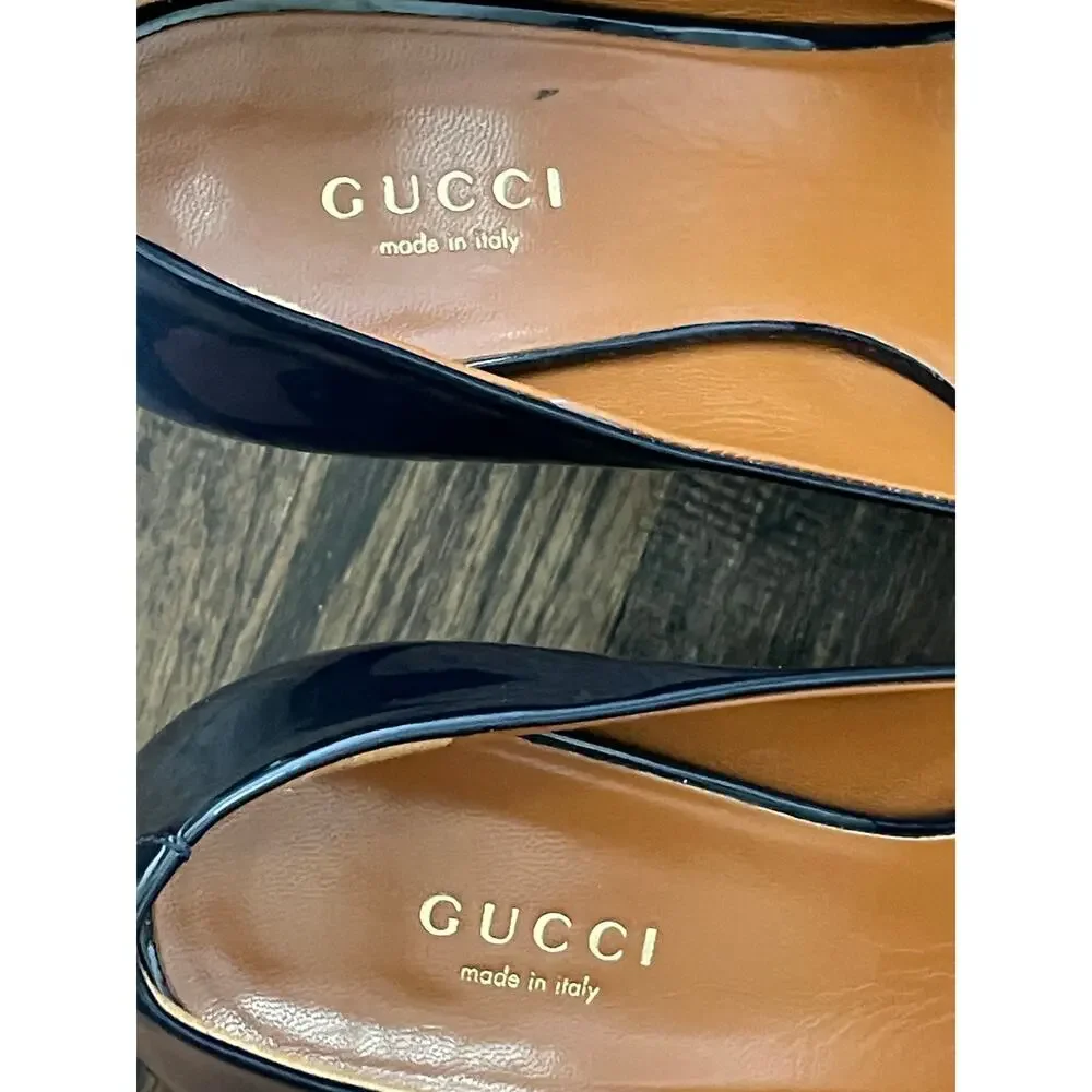 Gucci Navy Patent Leather Peep Toe Platform Pumps EU36 US6 Italy